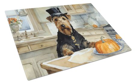 NEW Airedale Terrier Fall Kitchen Pumpkins Glass Cutting Board Decorative Tempered Glass Kitchen Cutting and Serving Board Large Size Chopping Board