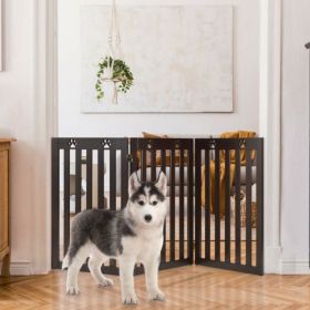 36 Inch Folding Wooden Freestanding Pet Gate Dog Gate with 360° Flexible Hinge (Color: Dark Brown)