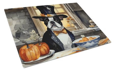 NEW Boston Terrier Fall Kitchen Pumpkins Glass Cutting Board Decorative Tempered Glass Kitchen Cutting and Serving Board Large Size Chopping Board (Default: Default)