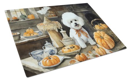 NEW Bichon Frise Fall Kitchen Pumpkins Glass Cutting Board Decorative Tempered Glass Kitchen Cutting and Serving Board Large Size Chopping Board (Default: Default)